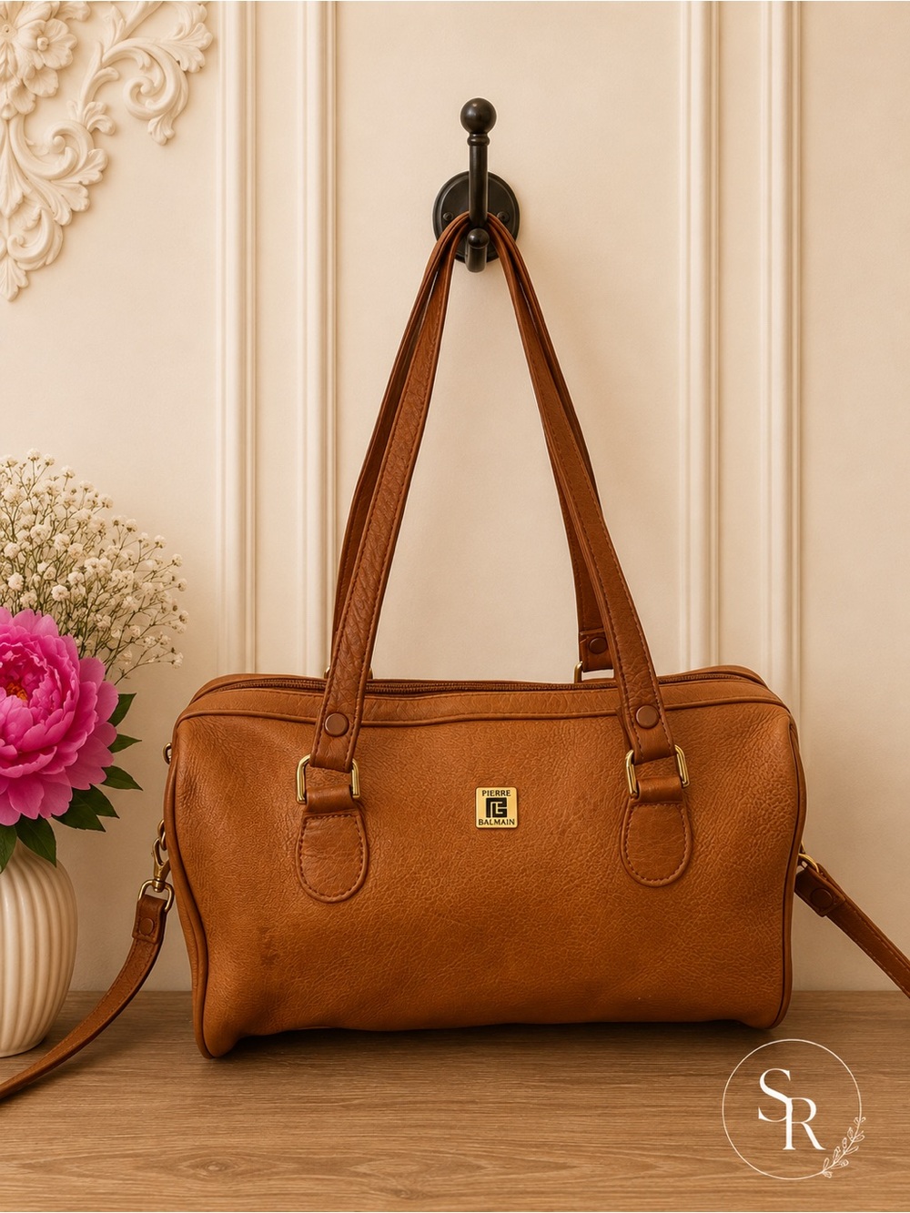 Vintage Pierre Balmain Camel Calfskin Leather Boston Speedy Bag w/ Strap